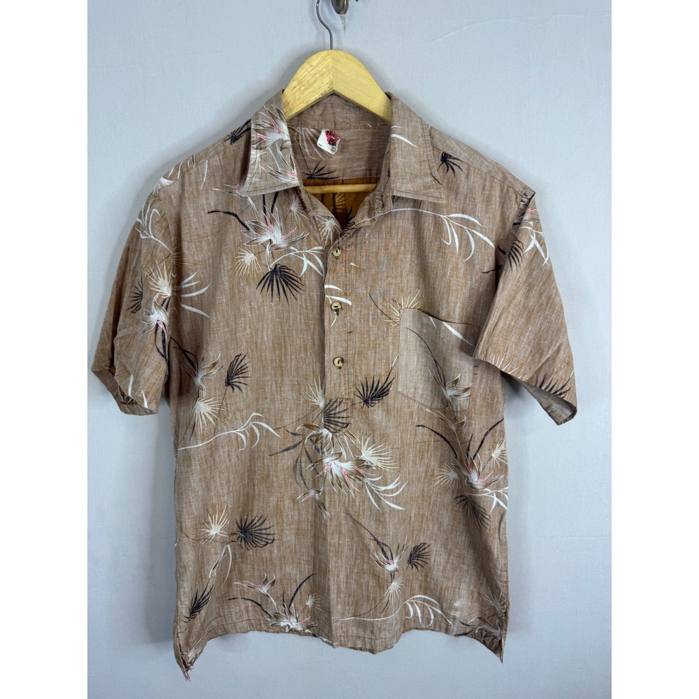 Vintage Holo Holo Hawaiian Shirt Mens Tan Floral‎ Palm Pullover Reverse print